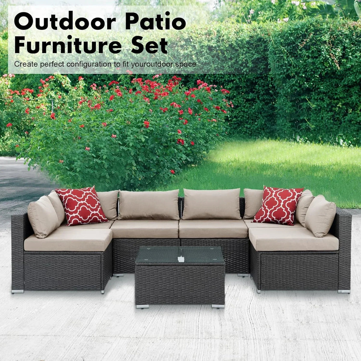 Nouveauté 2026 – Ensemble de mobilier de patio 7 pièces , canapé d'angle en rotin PE, ensemble de conversation avec coussins et table basse en verre, pour balcon, pelouse et jardin, gris