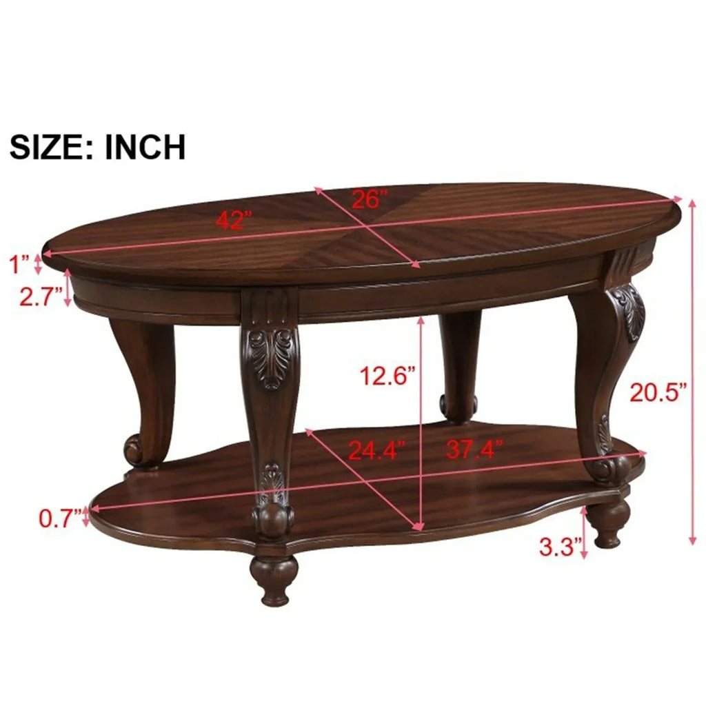 Nouveauté 2026 – Table basse ovale 42" avec étagère de rangement, table basse à deux niveaux en bois massif, style rétro traditionnel pour salon, supporte jusqu'à 181 kg, couleur cerisier