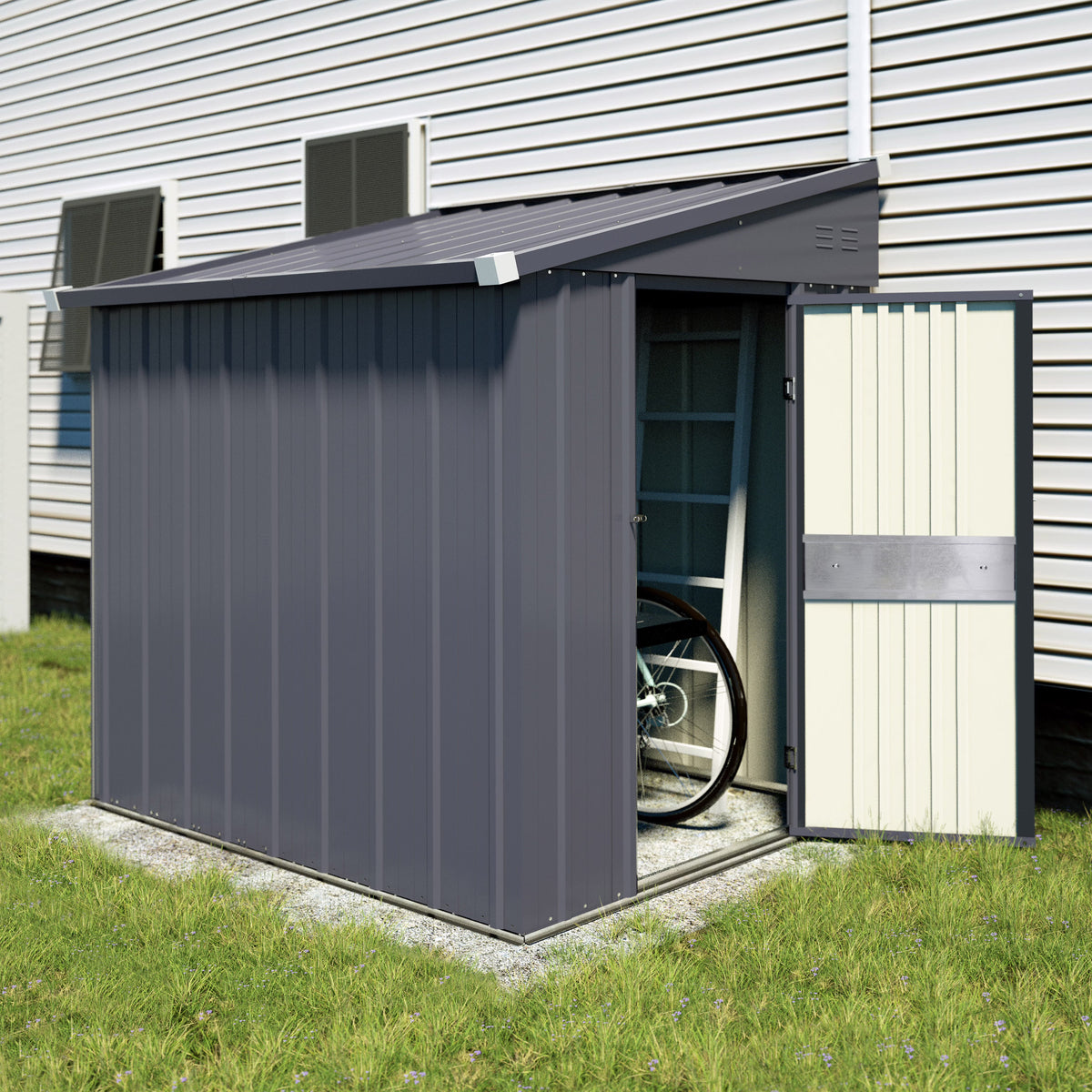 Nouveauté 2026 – Abri de jardin VEIKOUS , 2,44 m x 1,22 m, avec porte coulissante verrouillable et aérations, pour jardin, terrasse et pelouse, gris
