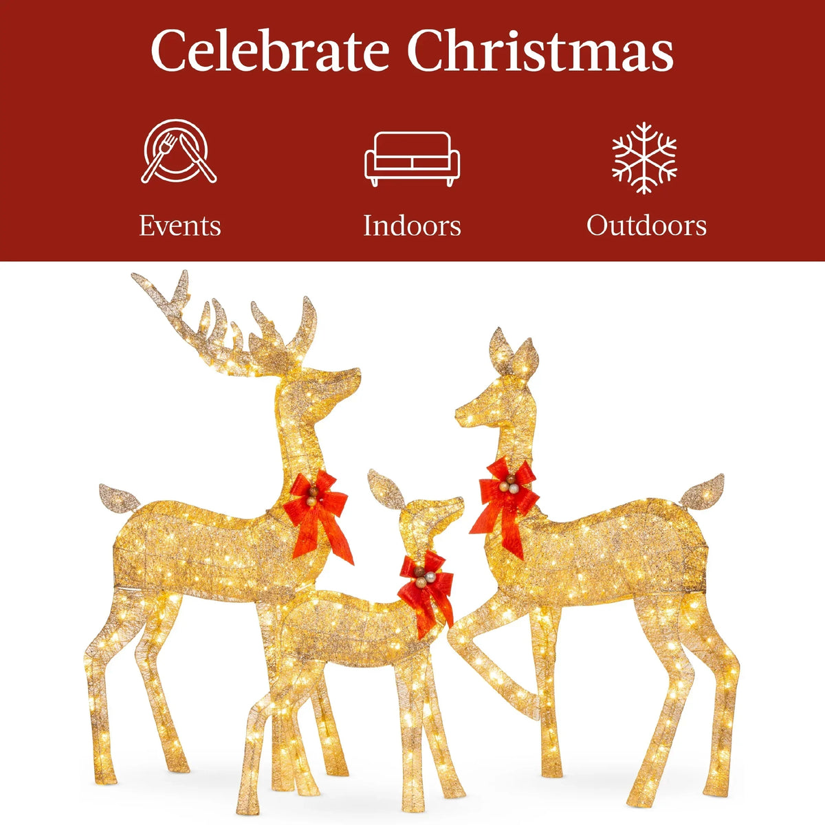 Nouveauté 2026 – Décoration de jardin extérieure Best Choice Products : cerfs lumineux de Noël en 3 pièces, 2 m (6,5 pi), avec 385 lumières DEL et piquets – Or