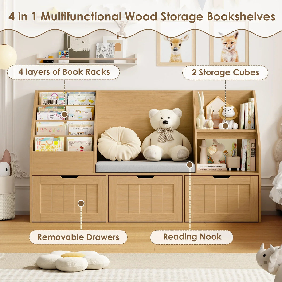 Nouveauté 2026 – Bibliothèque pour enfants Homfa avec coin lecture et 3 tiroirs amovibles, bibliothèque à 2 cubes avec étagères à livres à 4 niveaux, rangement pour jouets et jouets, idéale pour la chambre ou la salle de jeux, blanche