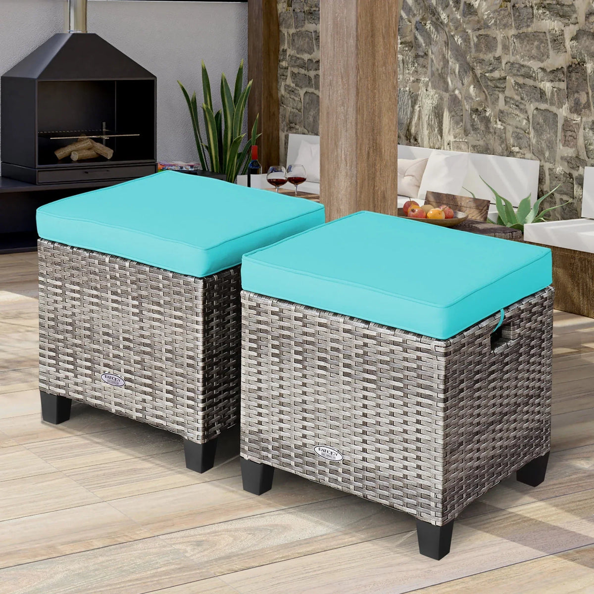 Nouveauté 2026 – Costway Ensemble de 2 poufs de patio rembourrés en rotin, repose-pieds et table turquoise