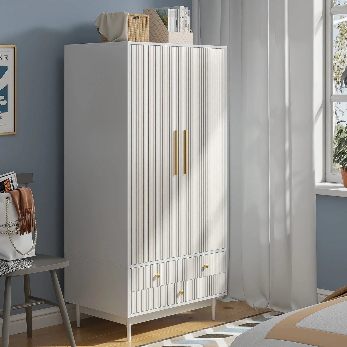 Nouveauté 2026 – Armoire-penderie Armoire , meuble de rangement avec tiroirs et penderie pour chambre à coucher, blanc