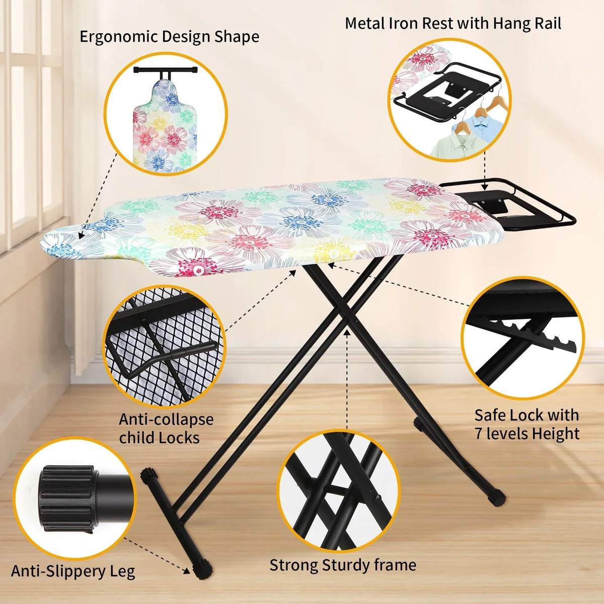 Nouveauté 2026 – Planche à repasser extra large KDJ HOME Slieton avec barre de suspension, 51 cm de large (20 pouces