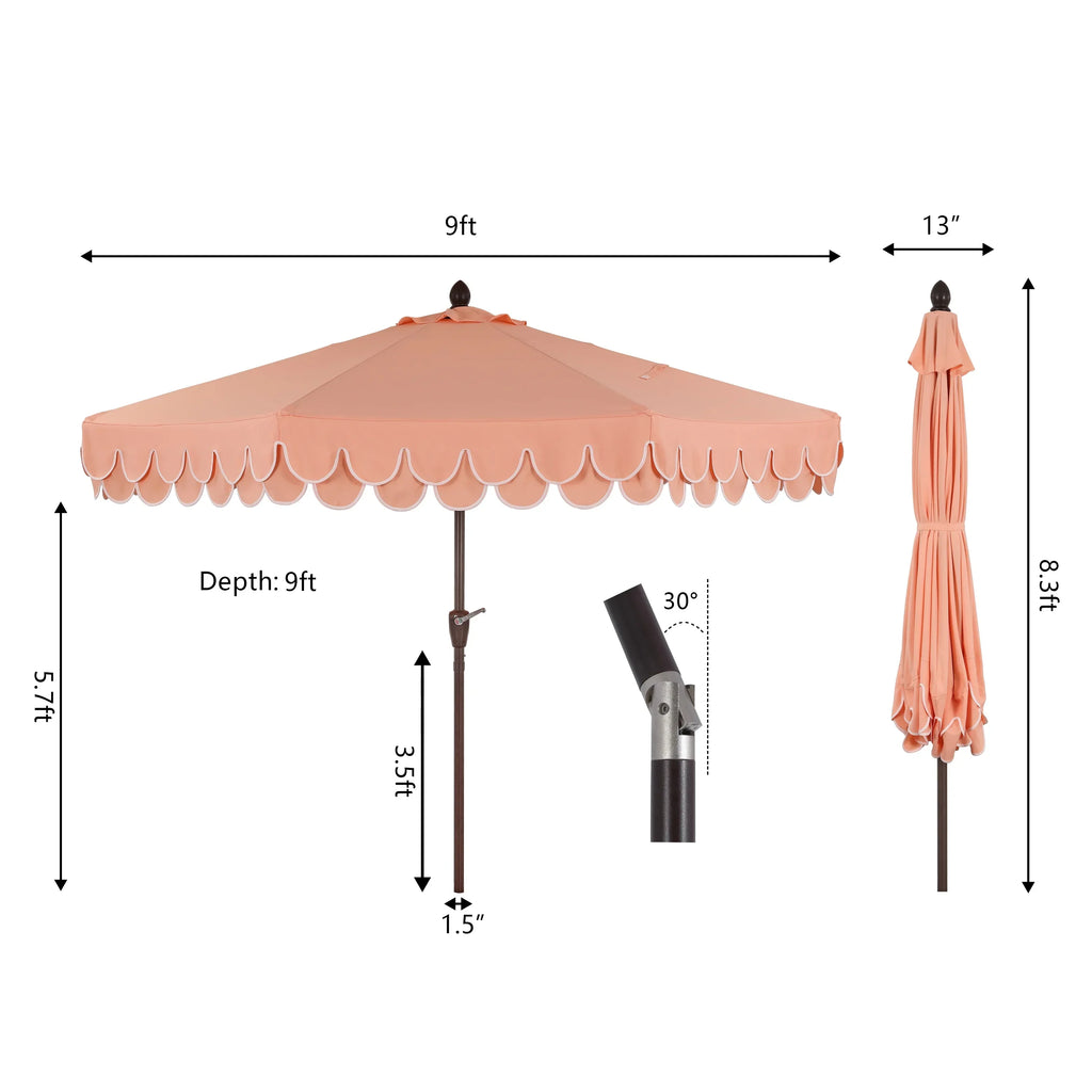 Nouveauté 2026 – Parasol de marché JONATHAN Y Tracy 2,74 m (9 pi), style classique milieu du siècle, franges festonnées, manivelle d'inclinaison automatique, aération et protection UV, rose corail/blanc, mât marron foncé