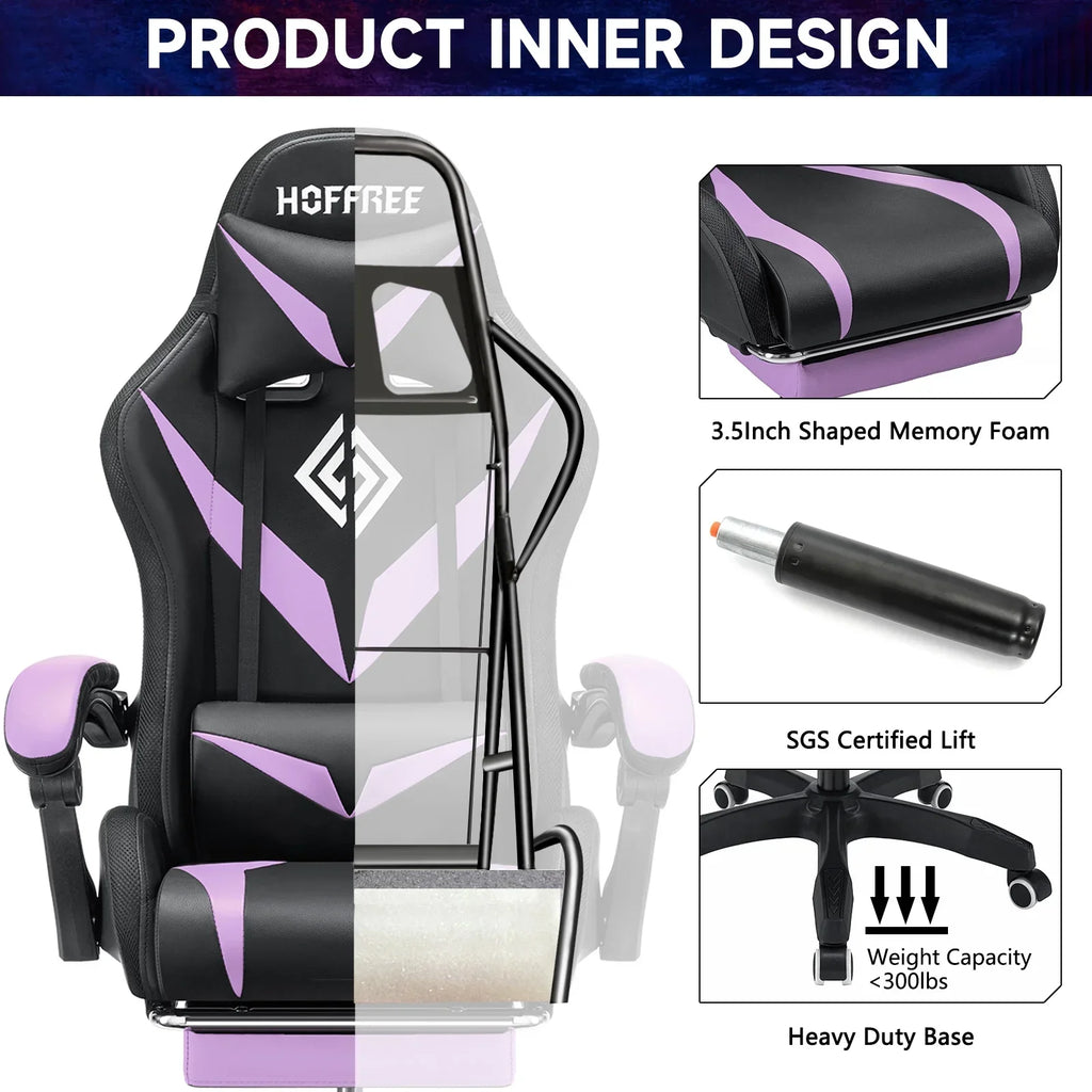 Nouveauté 2026 – Fauteuil de jeu Hoffree avec haut-parleurs intégrés, en cuir PU, repose-pieds et éclairage LED. Fauteuil ergonomique pour gamer avec massage, soutien lombaire et appui-tête pivotant et réglable. Idéal pour le télétravail et le bureau