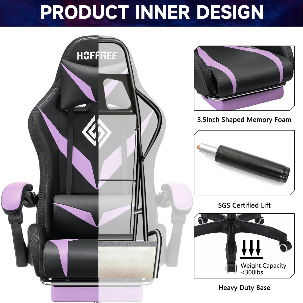 Nouveauté 2026 – Fauteuil de jeu Hoffree avec haut-parleurs intégrés, en cuir PU, repose-pieds et éclairage LED. Fauteuil ergonomique pour gamer avec massage, soutien lombaire et appui-tête pivotant et réglable. Idéal pour le télétravail et le bureau