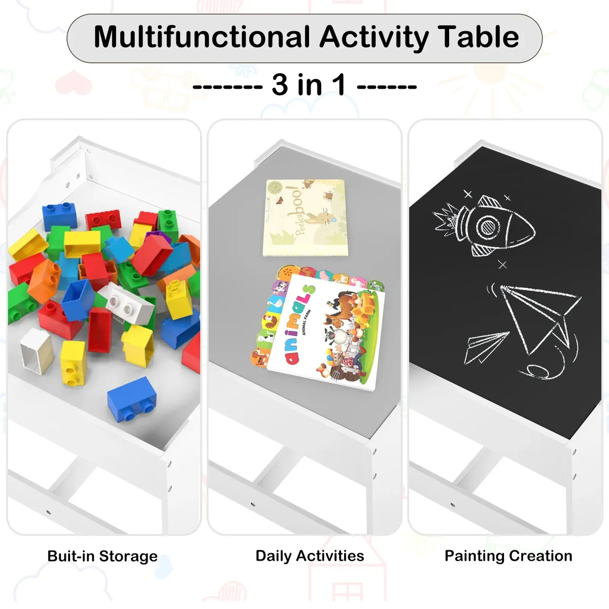 Nouveauté 2026 – Ensemble table et 2 chaises pour enfants LINLUX , table d'activités avec tableau noir/blanc, gris