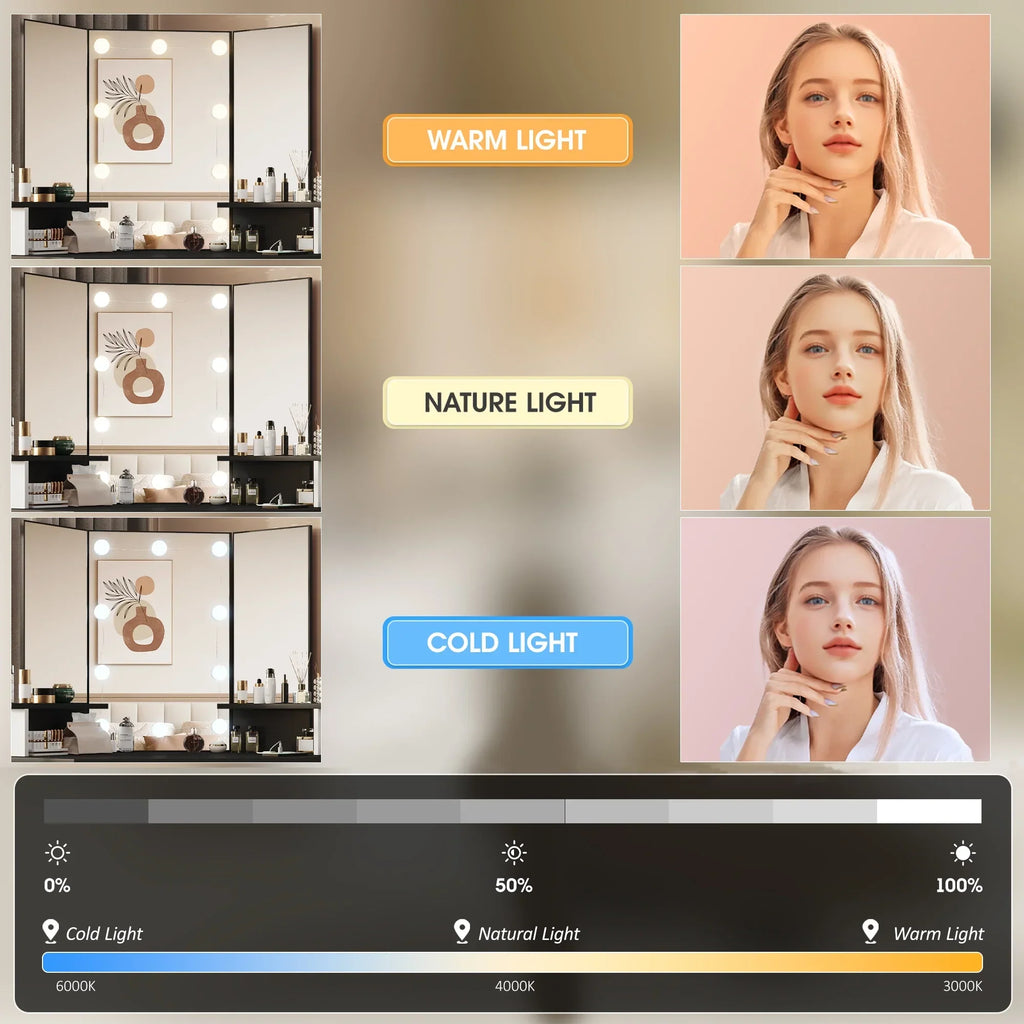 Nouveauté 2026 – Coiffeuse d'angle en placage bois blanc avec miroir et lumière, table de maquillage avec 4 tiroirs et station de recharge pour chambre à coucher