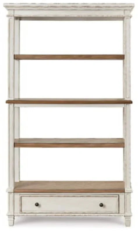 Nouveauté 2026 – Bibliothèque Signature Design by Ashley Realyn, style campagne française, 190 cm (75 po), avec tiroir, blanc ébréché