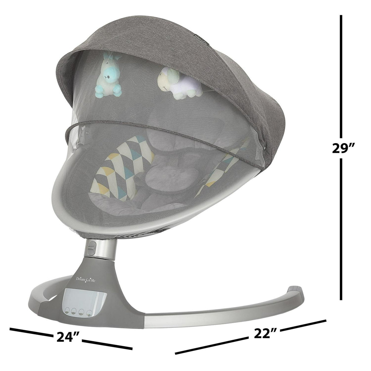 Nouveauté 2026 – Balancelle pour bébé Dream On Me Zazu . Balancelle pour nourrisson. 5 vitesses de balancement. Deux jouets intégrés. Connectivité Bluetooth et télécommande. Gris et bleu