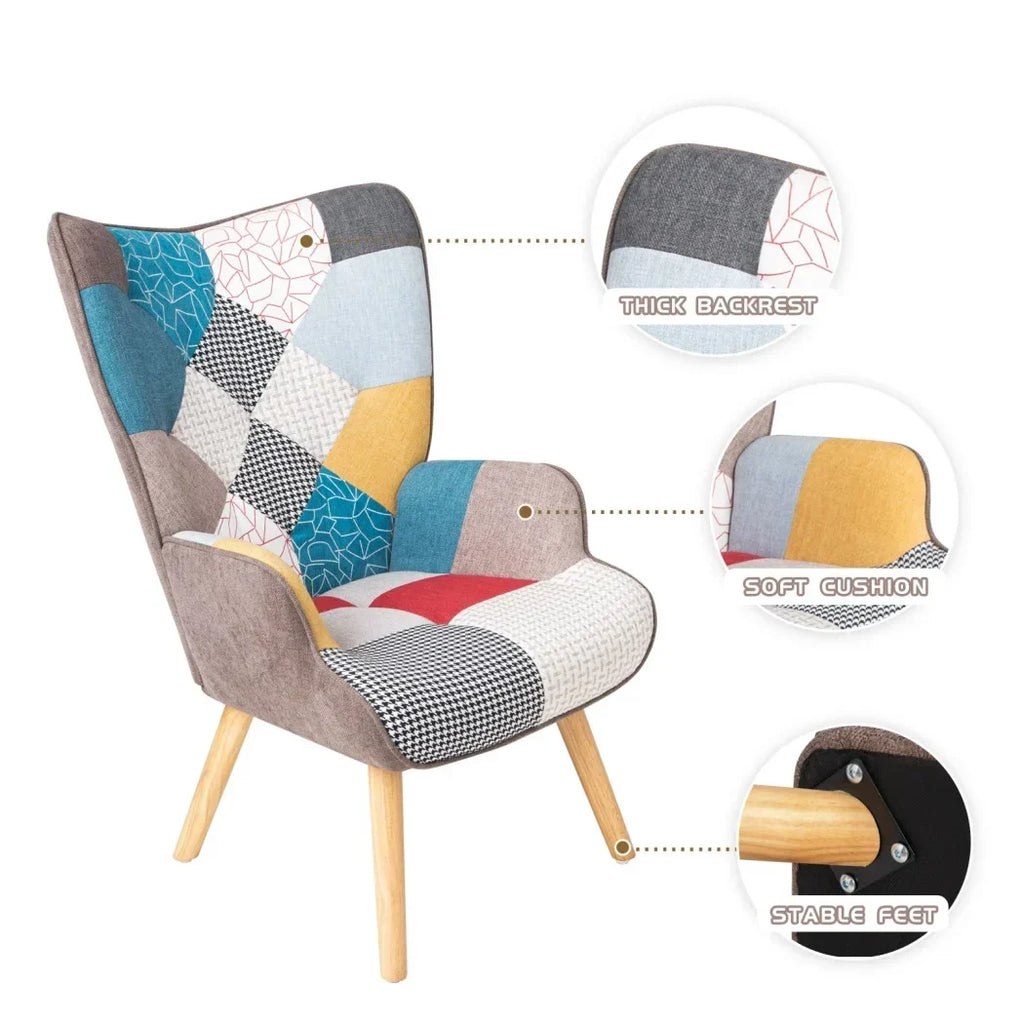 Nouveauté 2026 – Fauteuil d'appoint moderne avec pieds en bois massif et dossier haut à oreilles, ensemble de fauteuil avec repose-pieds, fauteuil confortable pour salon, salle de lecture, chambre, patchwork coloré