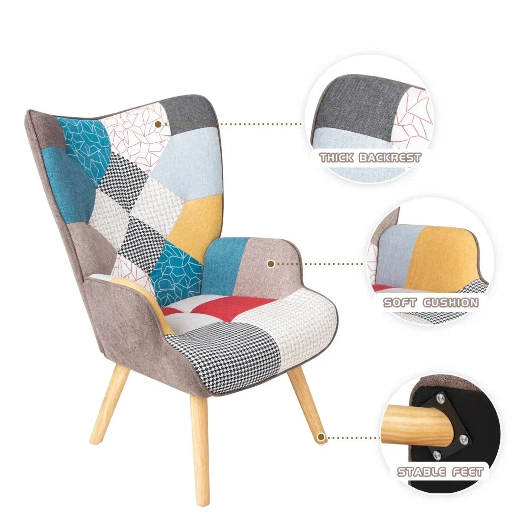 Nouveauté 2026 – Fauteuil d'appoint moderne avec pieds en bois massif et dossier haut à oreilles, ensemble de fauteuil avec repose-pieds, fauteuil confortable pour salon, salle de lecture, chambre, patchwork coloré