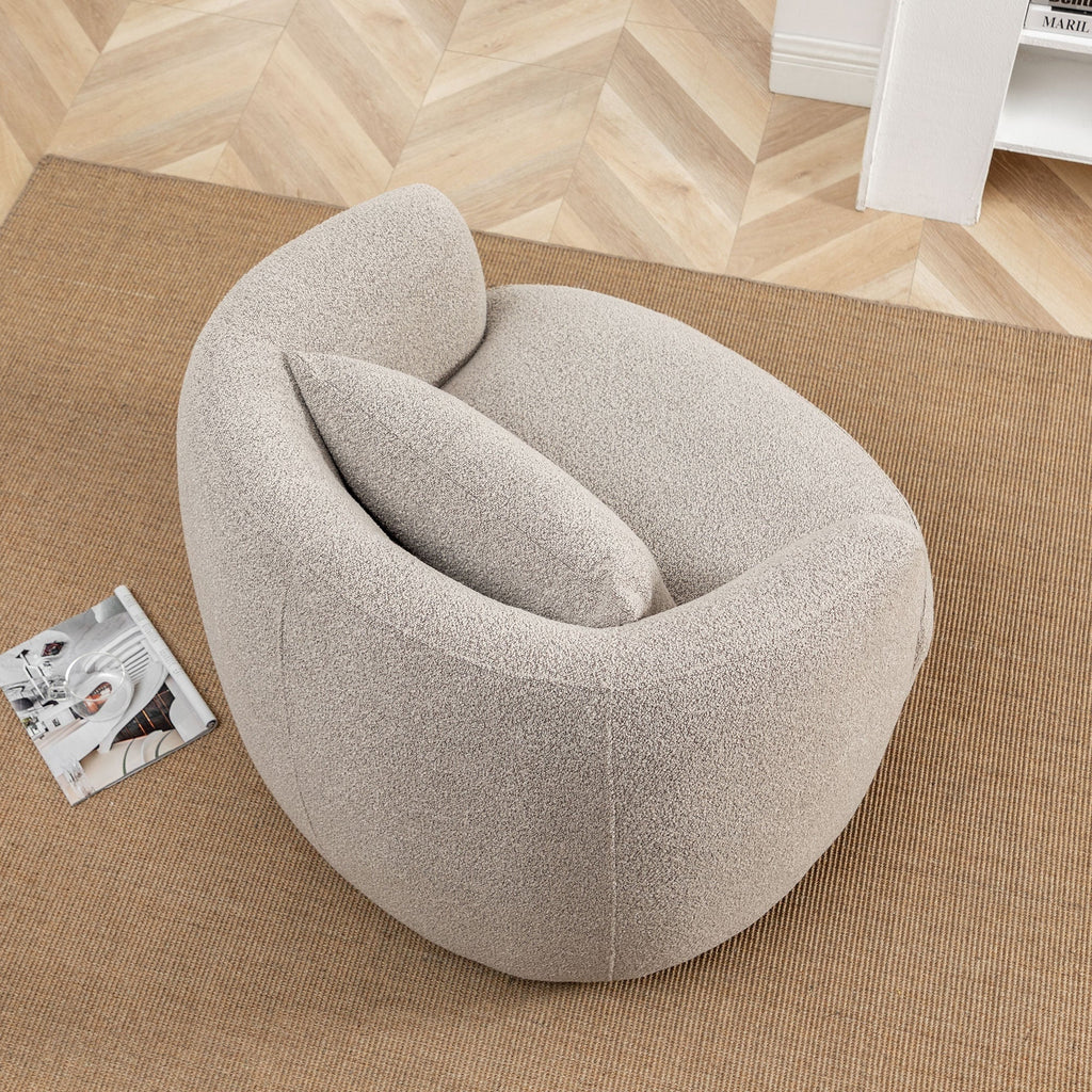 Nouveauté 2026 – Fauteuil pivotant rond 34" en bouclette de 86 cm de large, sans assemblage, avec coussin décoratif, idéal pour le salon et la chambre, couleur taupe