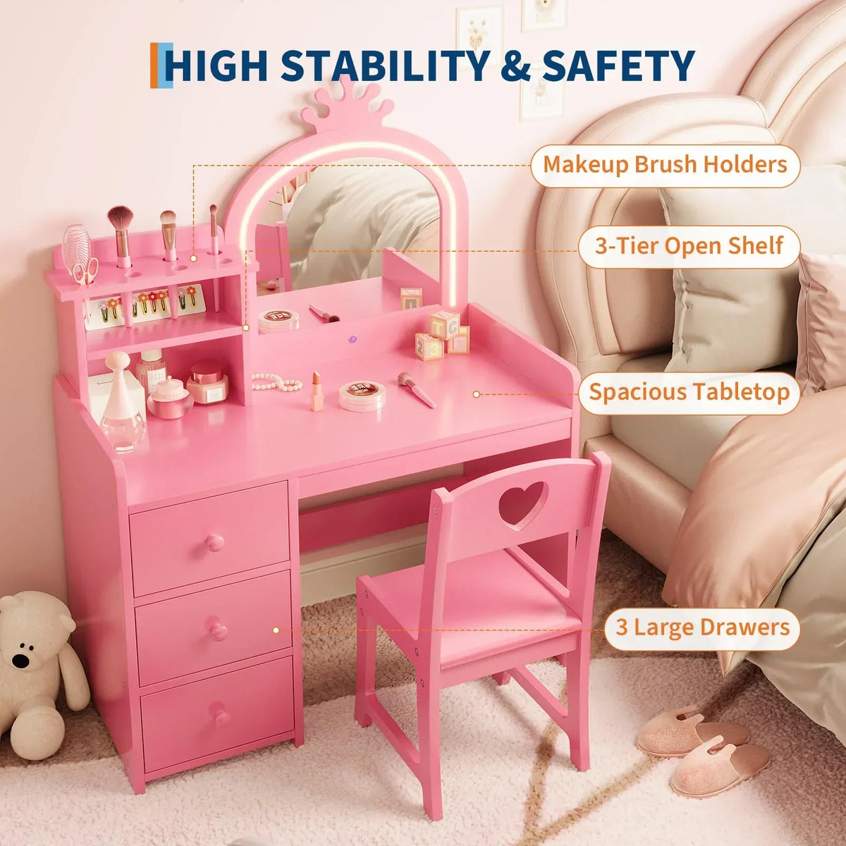 Nouveauté 2026 – Ensemble coiffeuse Yeshouse Princess pour filles avec rangement et éclairage