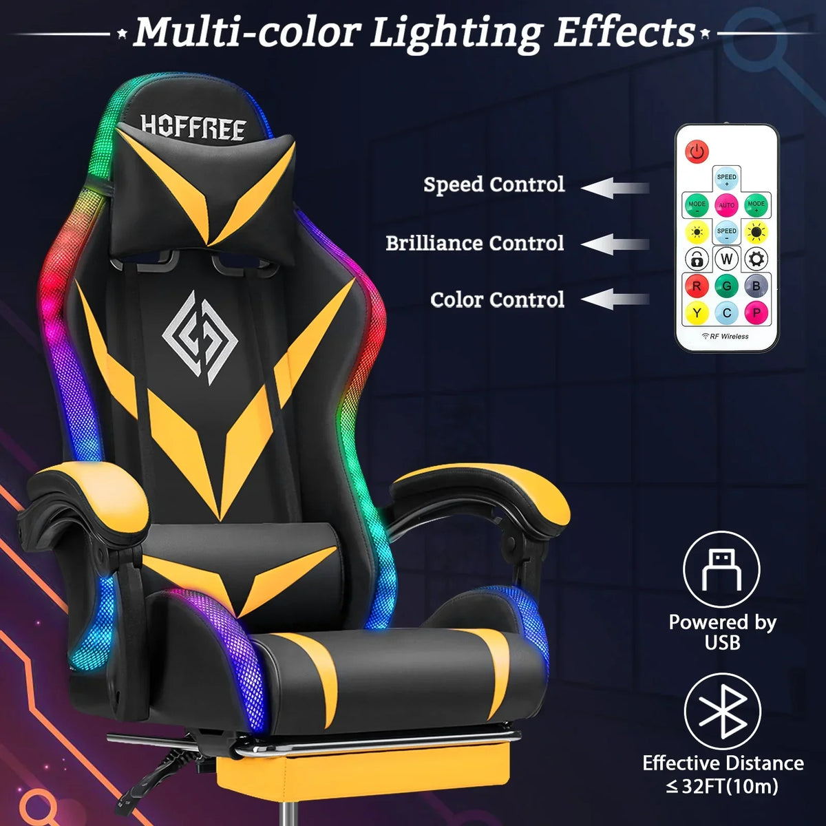 Nouveauté 2026 – Fauteuil de jeu Hoffree avec haut-parleurs intégrés, en cuir PU, repose-pieds et éclairage LED. Fauteuil ergonomique pour gamer avec massage, soutien lombaire et appui-tête pivotant et réglable. Idéal pour le télétravail et le bureau