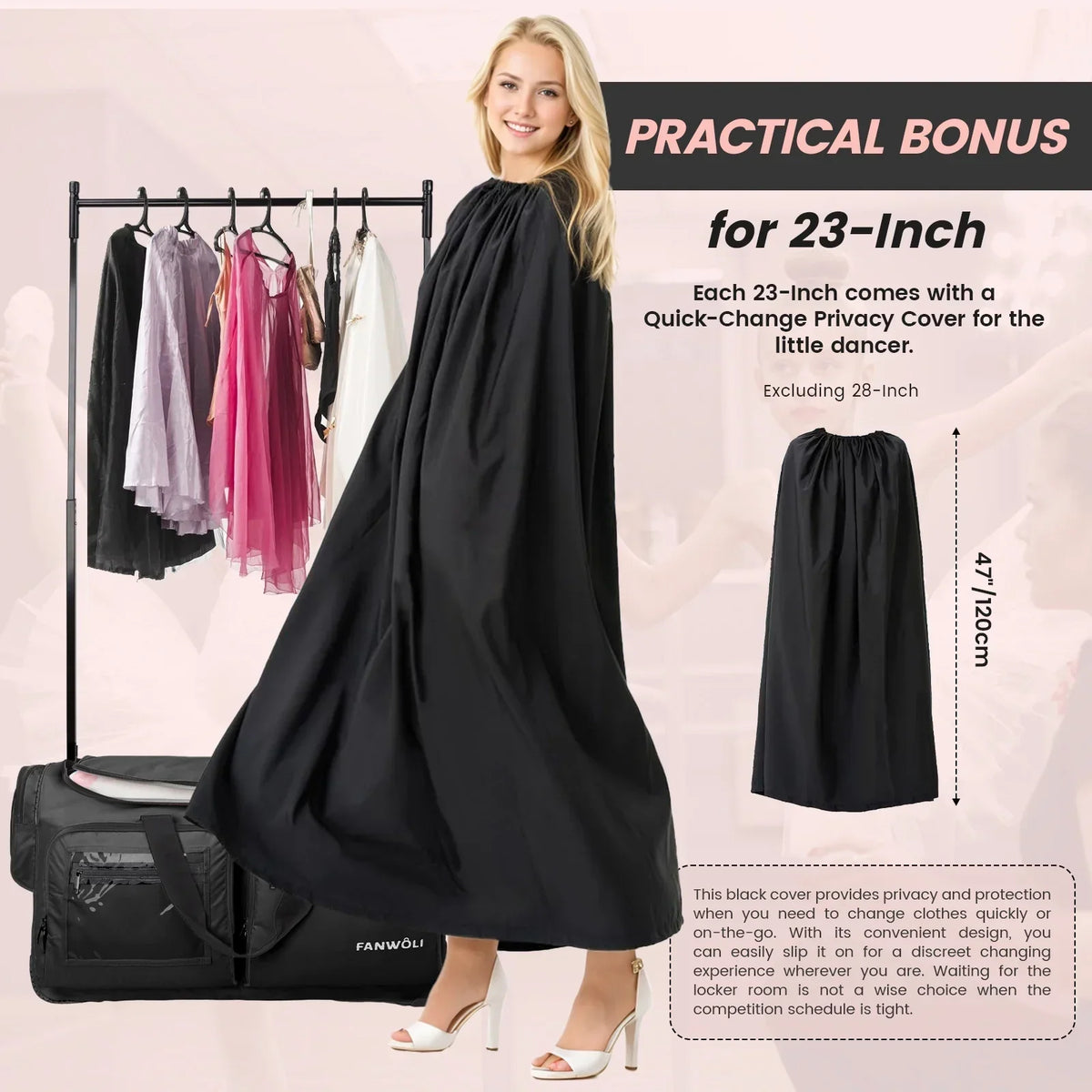 Nouveauté 2026 – Sac de danse Fegat avec portant - Sac de danse pliable à roulettes de 71 cm (28 pouces) pour compétitions, danse, spectacles, streamers et athlètes. Valise légère à roulettes