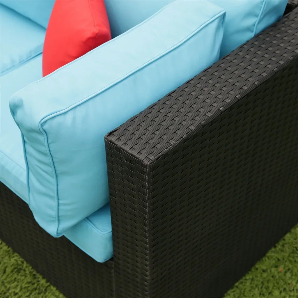 Nouveauté 2026 – Ensemble de mobilier de patio 7 pièces , canapé d'angle en rotin PE, ensemble de conversation avec coussins et table basse en verre, pour balcon, pelouse et jardin, gris