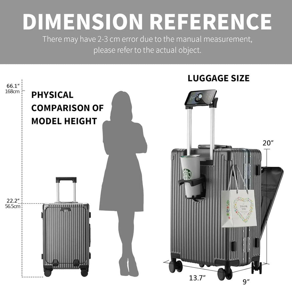 Nouveauté 2026 – Nouvelle valise cabine avec port de chargement USB, compartiment avant, serrure TSA, valise rigide cabine approuvée par les compagnies aériennes avec roulettes multidirectionnelles (grise, 20 pouces