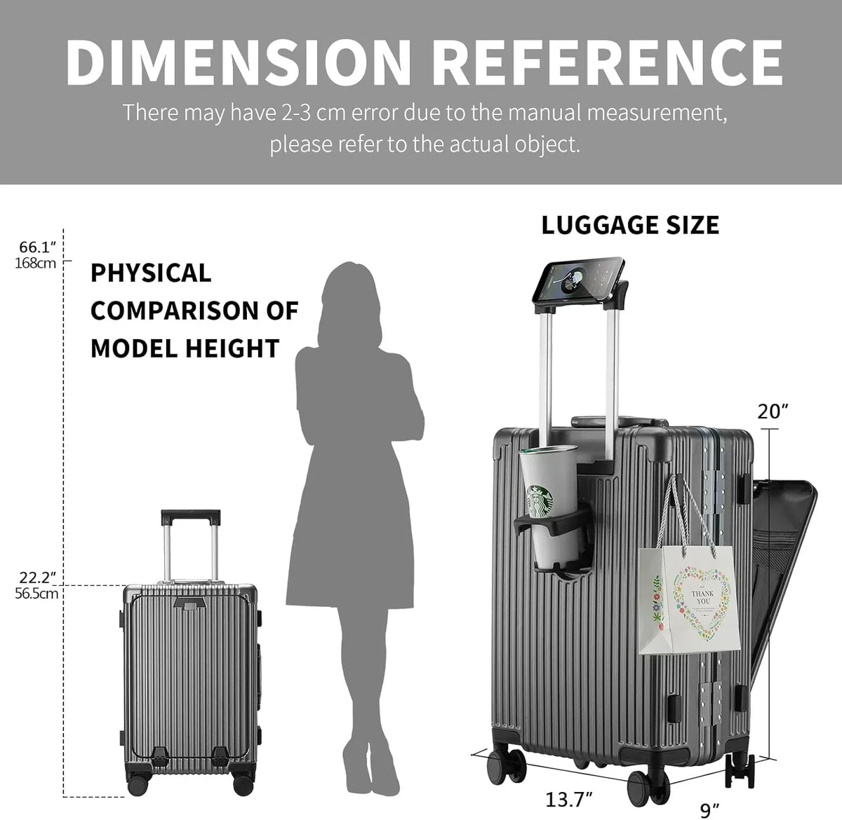 Nouveauté 2026 – Nouvelle valise cabine avec port de chargement USB, compartiment avant, serrure TSA, valise rigide cabine approuvée par les compagnies aériennes avec roulettes multidirectionnelles (grise, 20 pouces