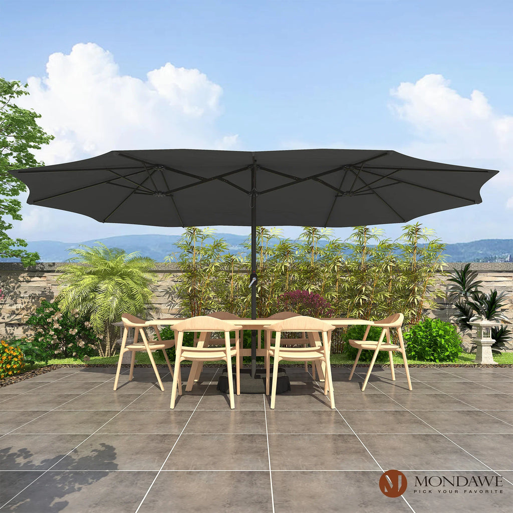 Nouveauté 2026 – Parasol rectangulaire Mondawe 4,57 m (15 pi) avec base et éclairage LED beige
