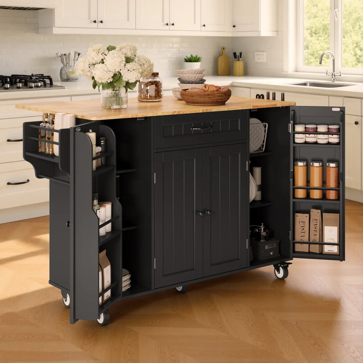 Nouveauté 2026 – Îlot de cuisine Noelse avec rangements, table d'appoint rabattable, porte-épices et porte-serviettes pour petites cuisines, blanc