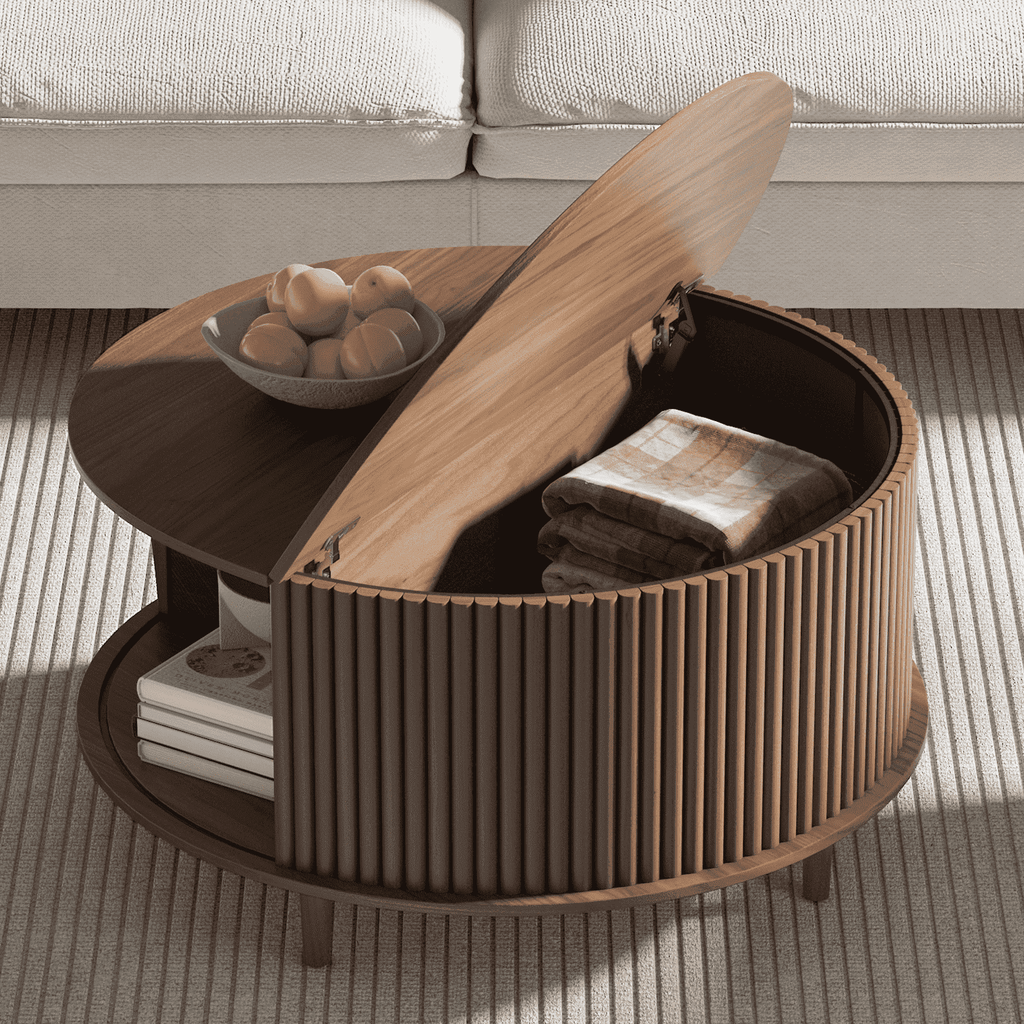Nouveauté 2026 – Table basse ronde JOINICE avec rangement et porte coulissante, table centrale en bois de style moderne du milieu du siècle, pour salon, noyer