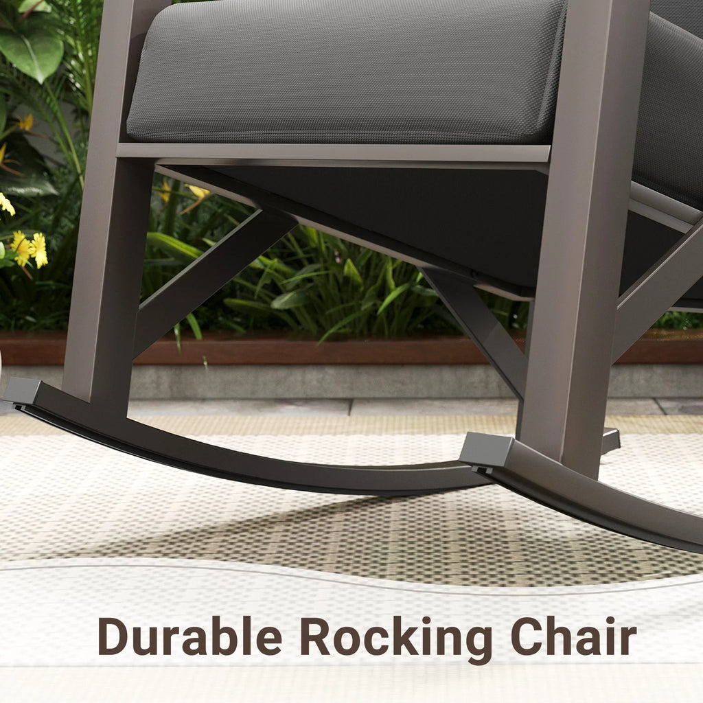 Nouveauté 2026 – Ensemble bistro MRUAKA , 3 pièces, comprenant 2 fauteuils à bascule et 1 table basse en métal avec coussins épais, idéal pour véranda, jardin ou bord de piscine, couleur beige