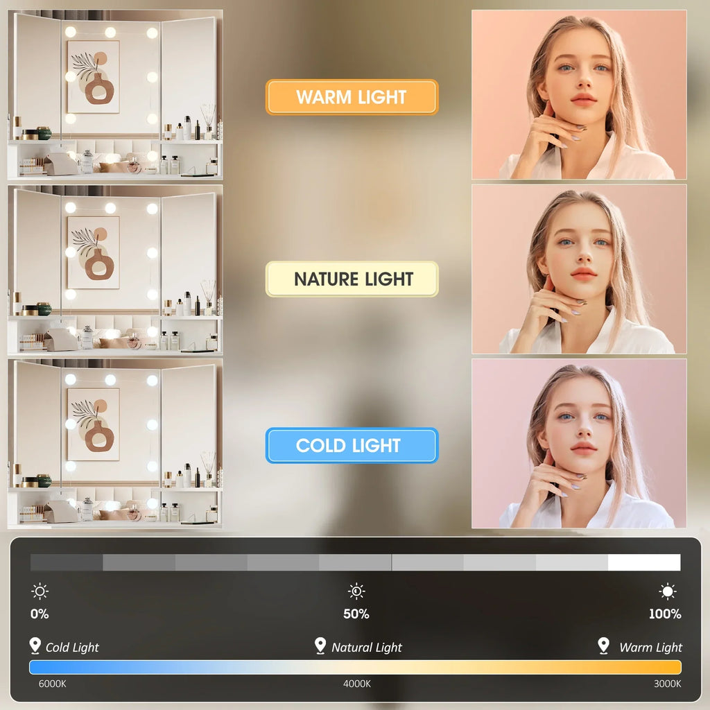 Nouveauté 2026 – Coiffeuse d'angle en placage bois blanc avec miroir et lumière, table de maquillage avec 4 tiroirs et station de recharge pour chambre à coucher
