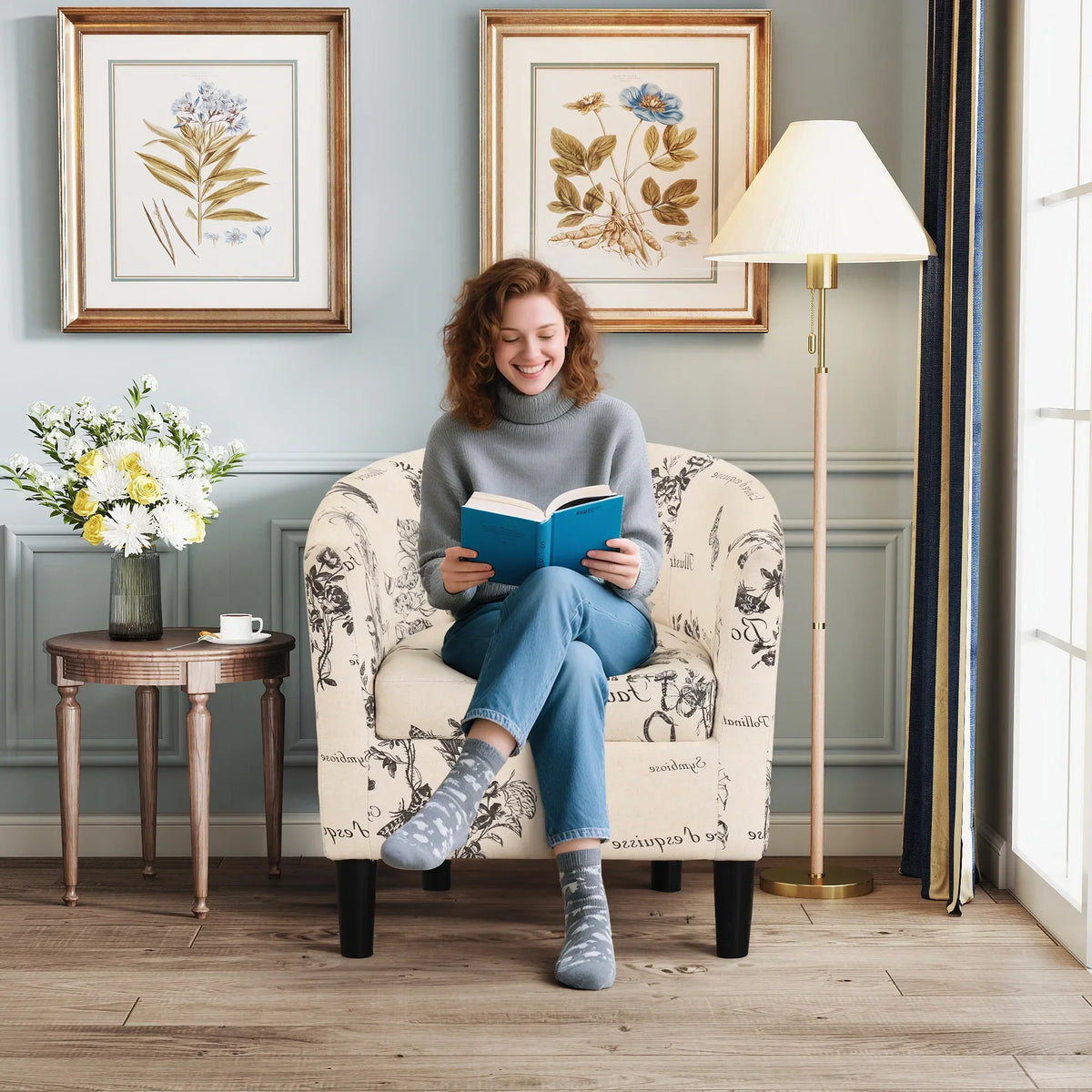 Nouveauté 2026 – Fauteuil d'appoint en velours beige Bonzy Home avec repose-pieds pour salon