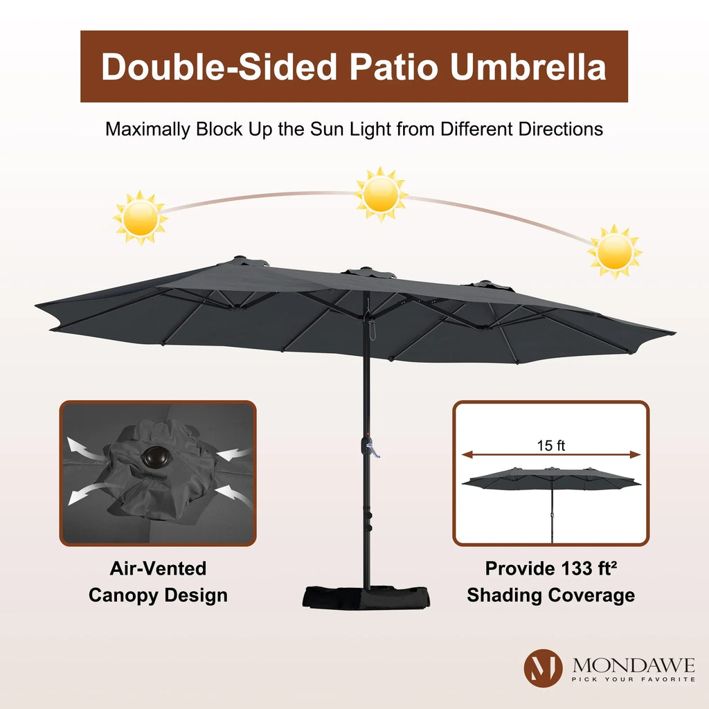 Nouveauté 2026 – Parasol rectangulaire Mondawe 4,57 m (15 pi) avec base et éclairage LED beige