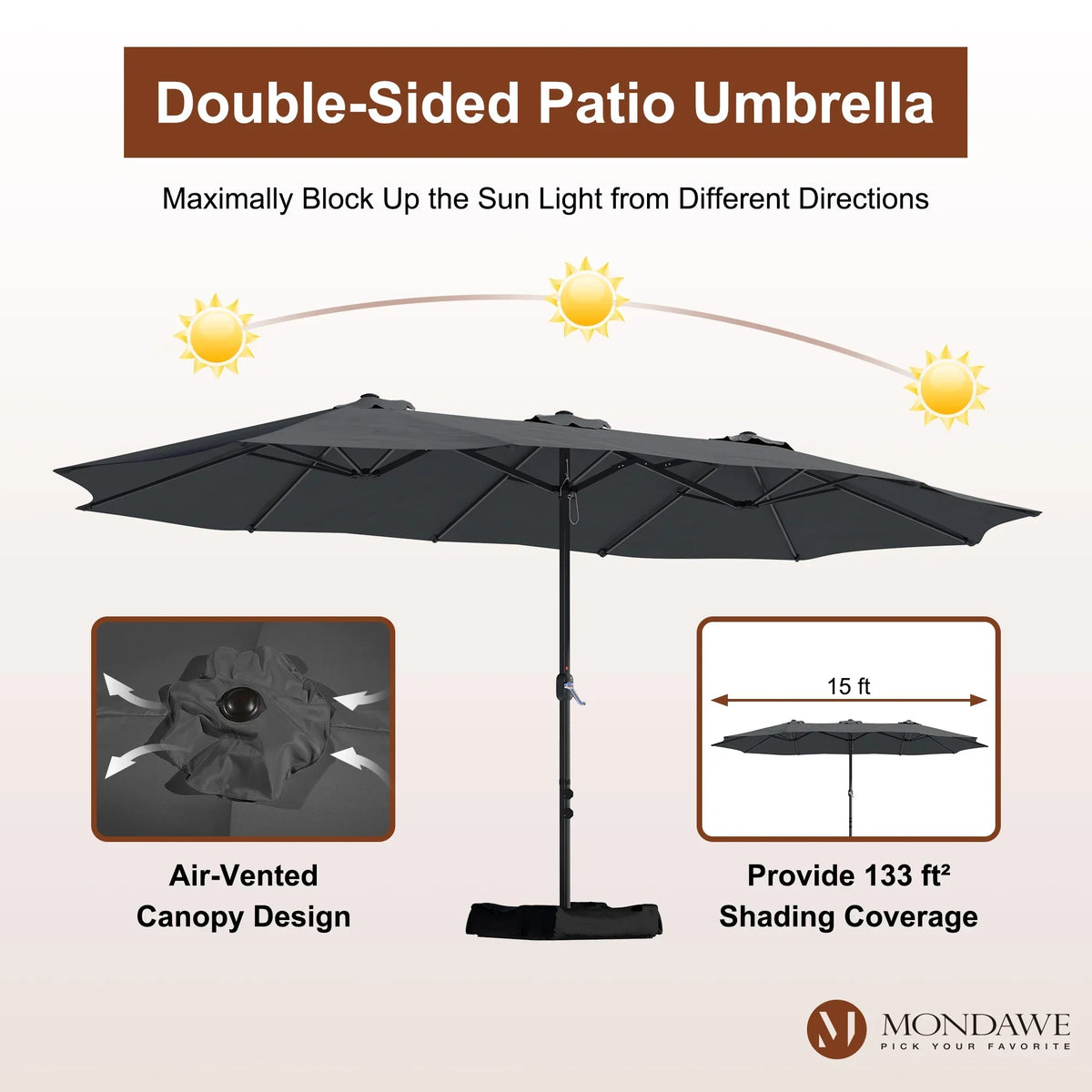 Nouveauté 2026 – Parasol rectangulaire Mondawe 4,57 m (15 pi) avec base et éclairage LED beige