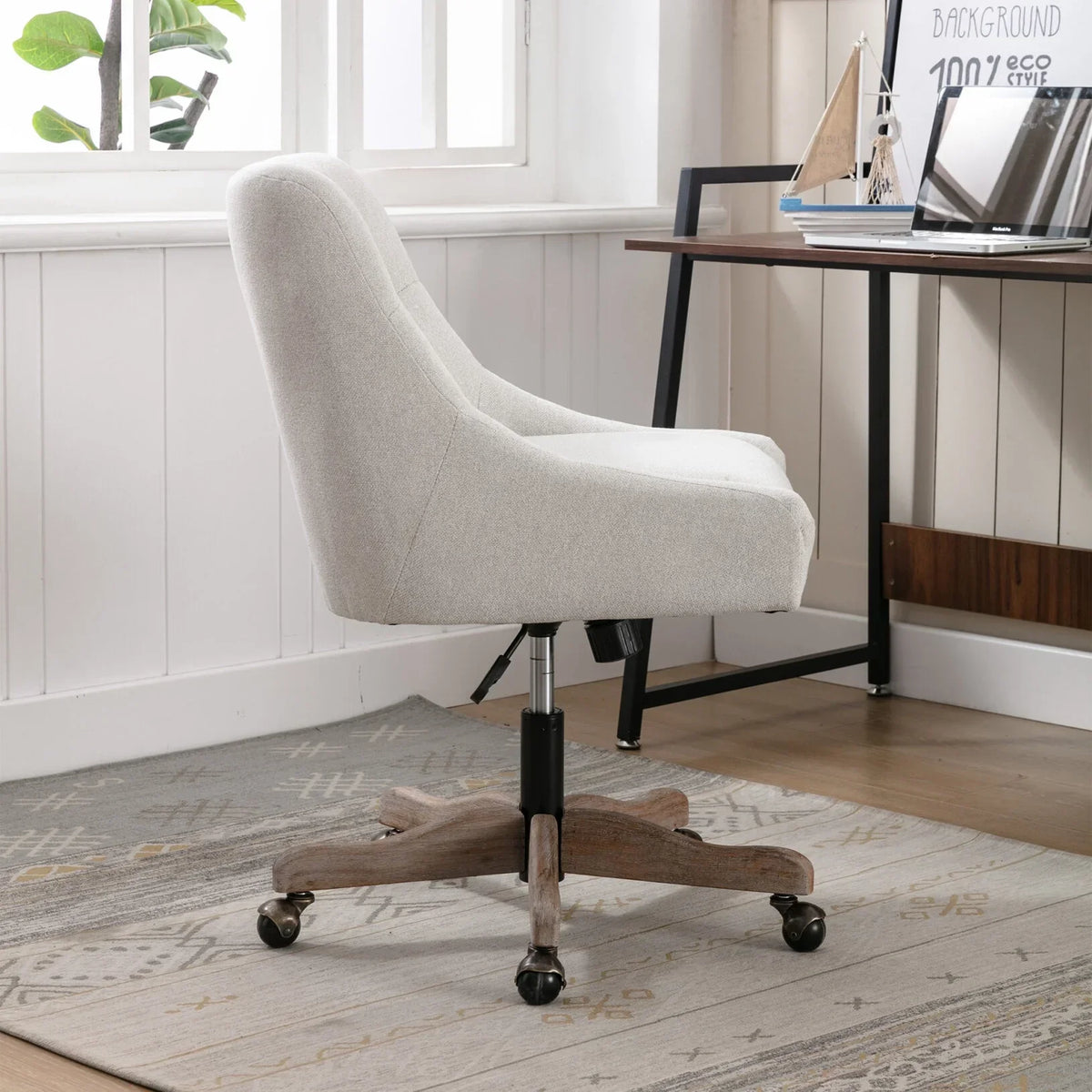 Nouveauté 2026 – Chaise de bureau pivotante à 360° , chaise de coiffeuse rembourrée avec base en bois massif et roulettes, hauteur réglable, idéale pour la chambre ou le salon, marron