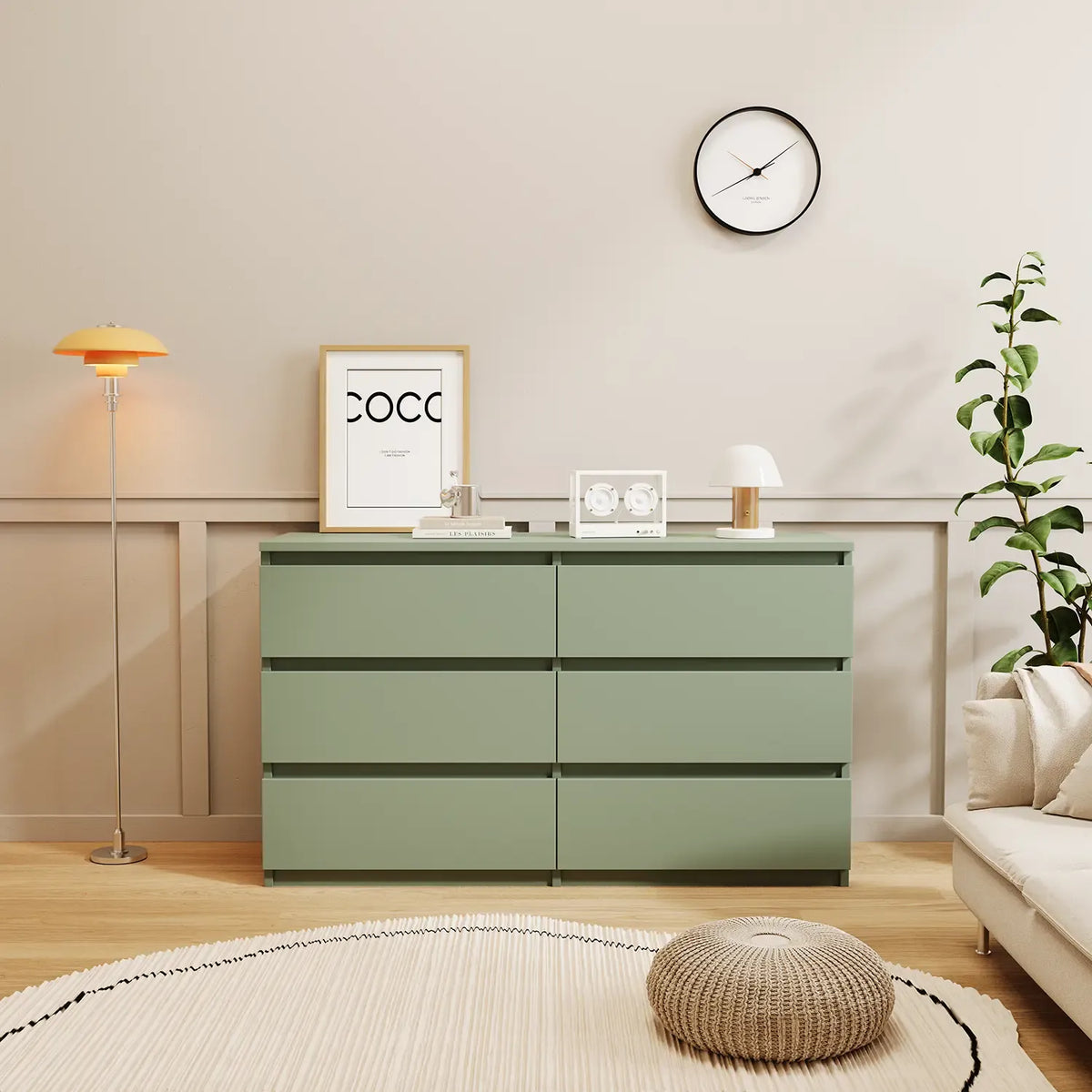 Nouveauté 2026 – Commode Resenkos moderne style milieu du siècle, 6 tiroirs, large, pour chambre à coucher, grise