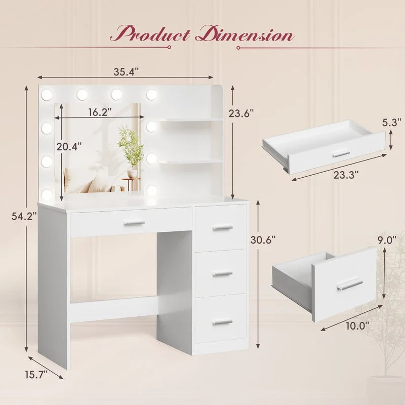 Nouveauté 2026 – Coiffeuse Lacoo avec miroir et éclairage LED, meuble de maquillage avec 7 tiroirs et 4 étagères, table de toilette avec prise électrique pour chambre ou dressing, blanche