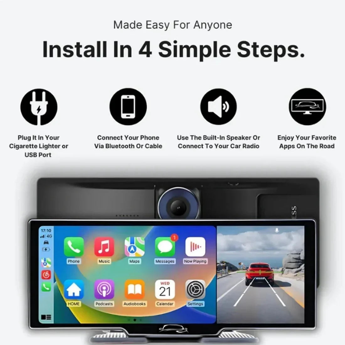 Nouveauté 2026 – Tablette Car Pro Max (modèle 2025), écran tactile HD 10,26" compatible CarPlay et Android Auto, double caméra embarquée 4K avec commande vocale, Mirror Link, Bluetooth, navigation GPS, caméra de recul 1080p, batterie 64/128 Go