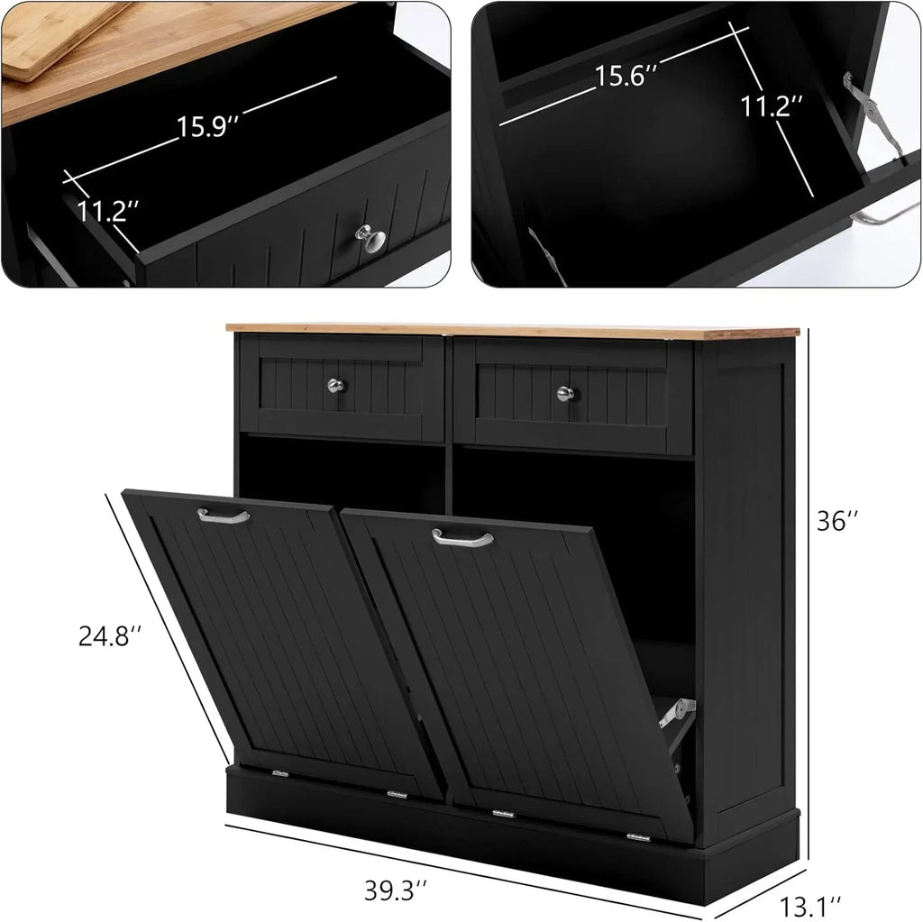 Nouveauté 2026 – Armoire à poubelles double basculante Hlivelood , 75 litres, résistante aux animaux, avec panier à linge et planche à découper, et tiroirs de rangement escamotables pour le tri des déchets en bois