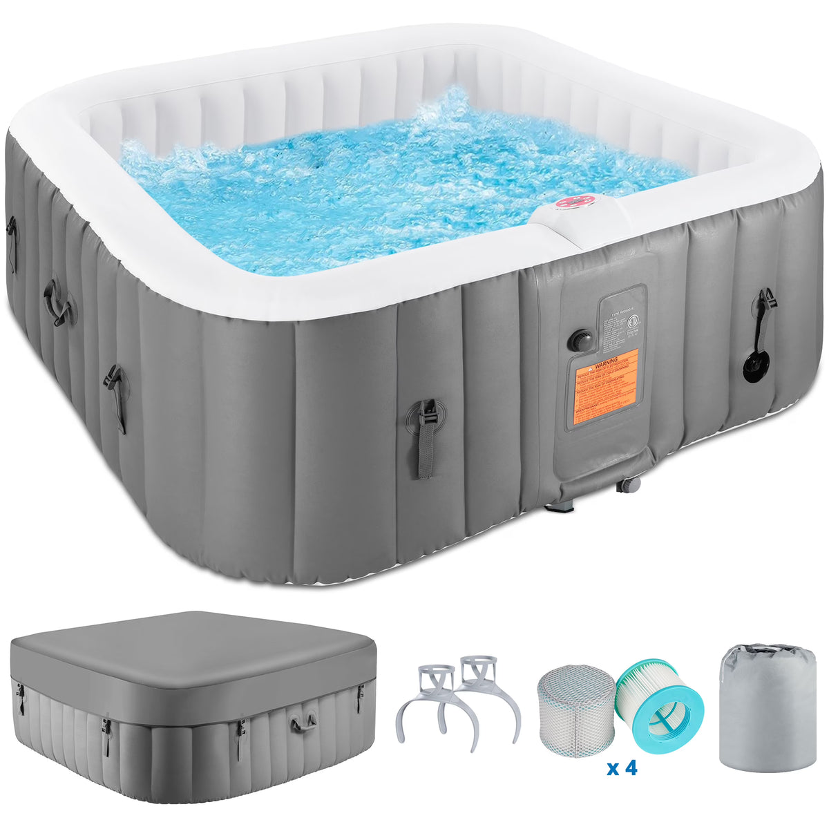 Nouveauté 2026 – Spa gonflable portable d'extérieur , 185 cm (73 pouces), 4 à 6 personnes, avec panneau de commande, 130 jets, couverture isolante et protection de fond, température jusqu'à 40 °C (104 °F), gris