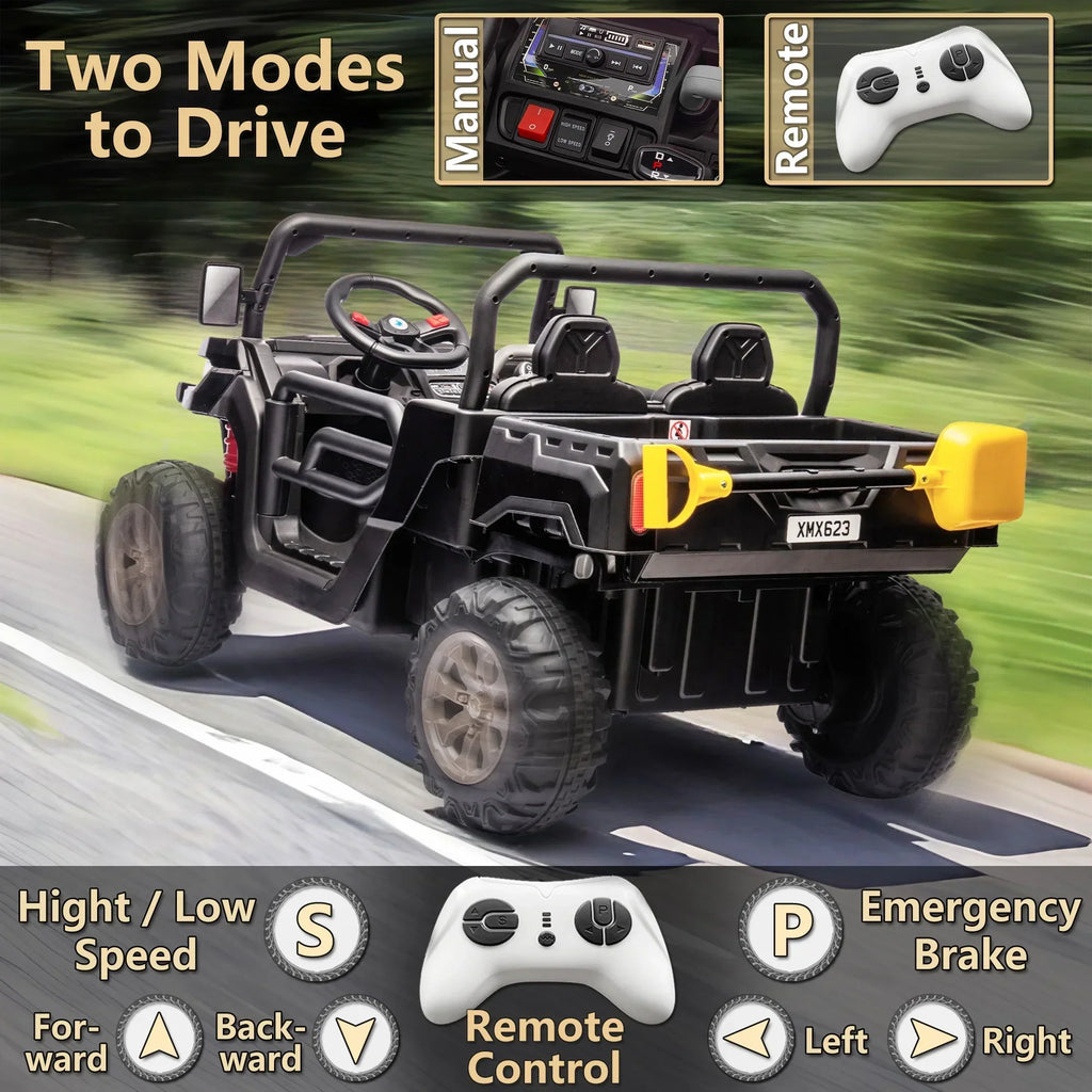 Nouveauté 2026 – Camion électrique Xuanlur 24V 2 places pour enfants , avec moteur 2x200W, benne basculante/pelle, pneus résistants, lumières LED, musique et télécommande, noir