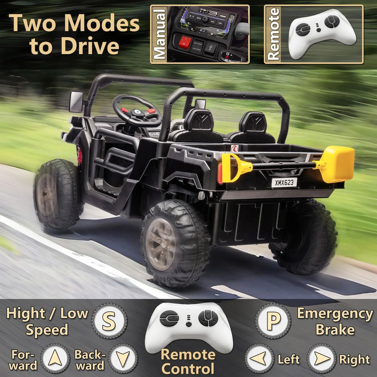 Nouveauté 2026 – Camion électrique Xuanlur 24V 2 places pour enfants , avec moteur 2x200W, benne basculante/pelle, pneus résistants, lumières LED, musique et télécommande, noir