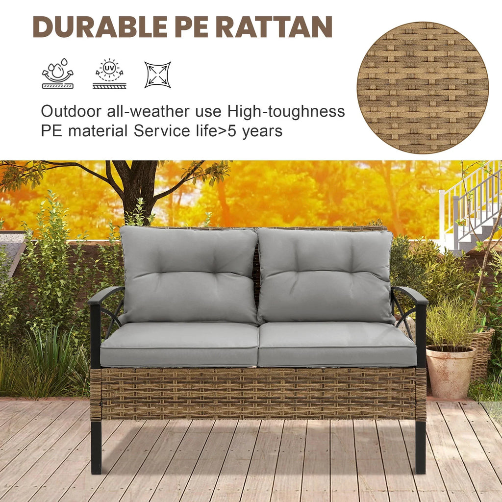 Nouveauté 2026 – Ensemble de mobilier de patio robuste , ensemble de conversation d'extérieur sectionnel 4 pièces, ensemble de canapé de patio en rotin PE marron avec coussins bleus
