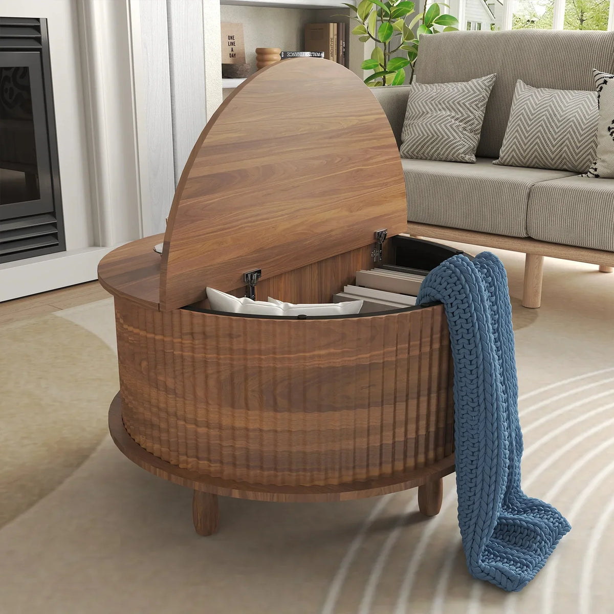 Nouveauté 2026 – Table basse ronde RUMLIVE avec rangement, table basse moderne de 78 cm avec porte coulissante incurvée à 360°, table basse en bois cannelé avec patins, table centrale ronde pour salon, noire