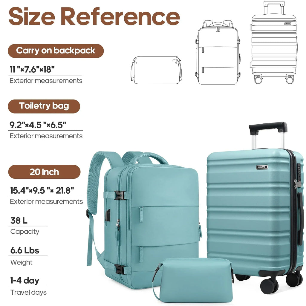 Nouveauté 2026 – Ensemble de bagages MIUSSE , 3 pièces : valise cabine 20 pouces à roulettes, coque rigide 100 % PC avec serrure TSA, conforme aux normes des compagnies aériennes, avec sac à dos de voyage pour hommes et femmes