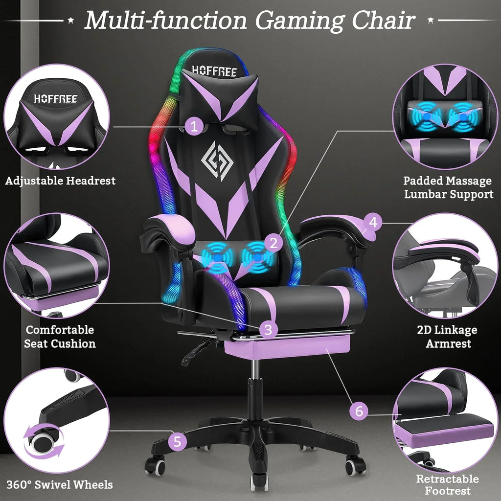 Nouveauté 2026 – Fauteuil de jeu Hoffree avec haut-parleurs intégrés, en cuir PU, repose-pieds et éclairage LED. Fauteuil ergonomique pour gamer avec massage, soutien lombaire et appui-tête pivotant et réglable. Idéal pour le télétravail et le bureau
