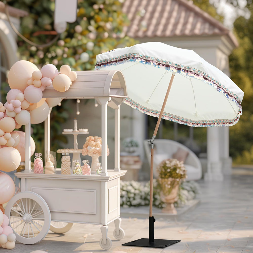 Nouveauté 2026 – Parasol de terrasse LAGarden de 1,8 m à franges et pompon, style Jazz Age, en bois, protection UPF50+, beige avec pompon doré, modèle : JZ6-01