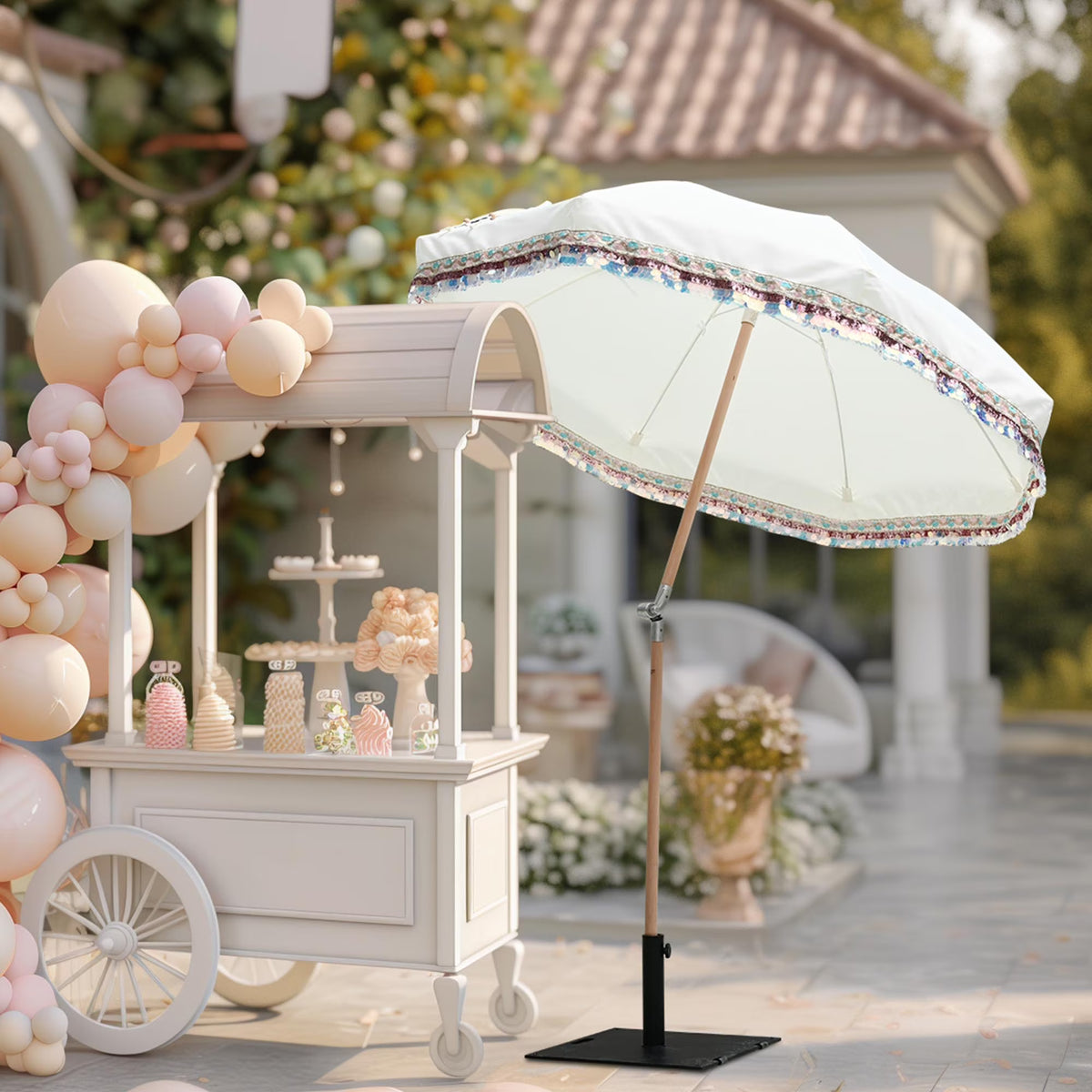 Nouveauté 2026 – Parasol de terrasse LAGarden de 1,8 m à franges et pompon, style Jazz Age, en bois, protection UPF50+, beige avec pompon doré, modèle : JZ6-01