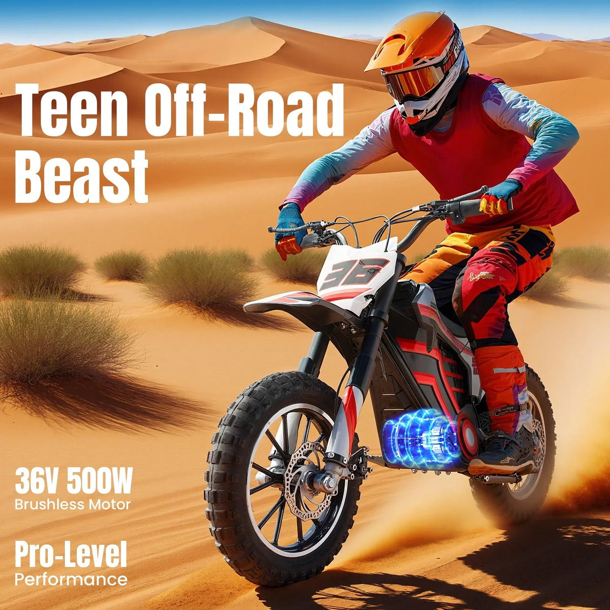 Nouveauté 2026 – Moto tout-terrain électrique QEASET , 500 W, pour enfants (garçons et filles) de 8 à 14 ans, bleue