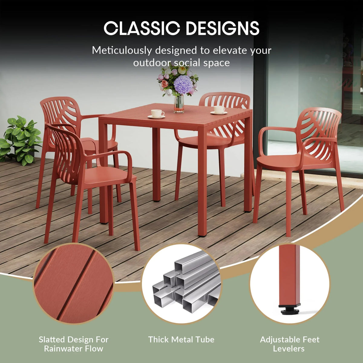 Nouveauté 2026 – Ensemble de salle à manger d'extérieur WestinTrends Playa 5 pièces avec table et chaises empilables, structure en métal, vert olive