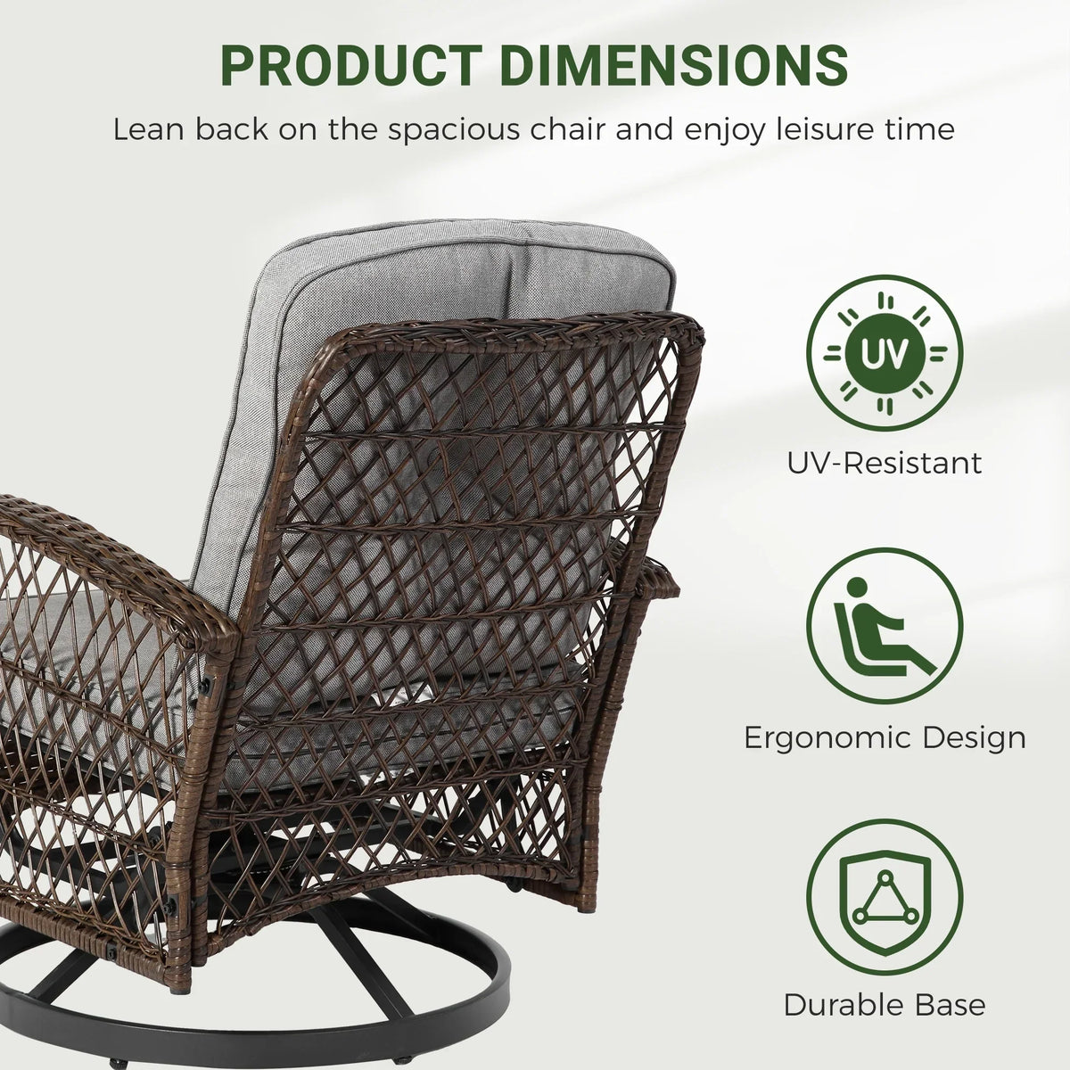 Nouveauté 2026 – Ensemble de 3 fauteuils à bascule pivotants pour patio, 2 fauteuils à bascule pivotants à 360 degrés et 1 table basse en verre, ensemble bistro d'extérieur en rotin PE avec coussins pour balcon, terrasse, piscine, jardin ou véranda