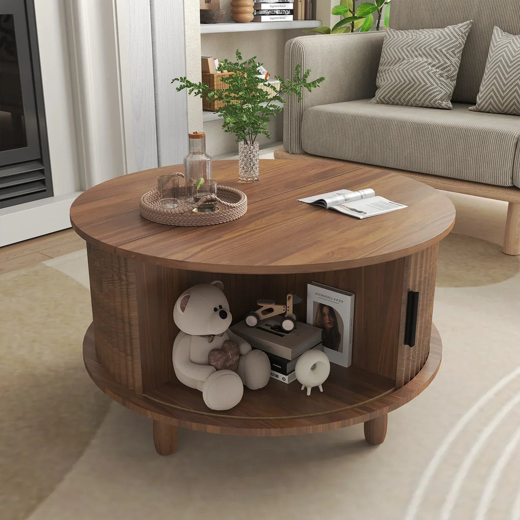 Nouveauté 2026 – Table basse ronde RUMLIVE avec rangement, table basse moderne de 78 cm avec porte coulissante incurvée à 360°, table basse en bois cannelé avec patins, table centrale ronde pour salon, noire
